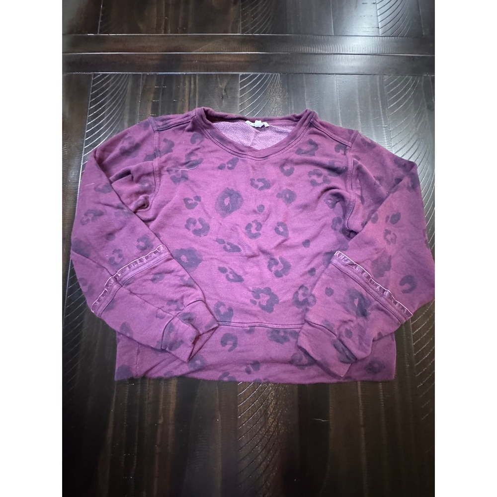 Women Plum Purple Leopard Print Sweatshirt Crewneck Long Sleeve Cropped Top